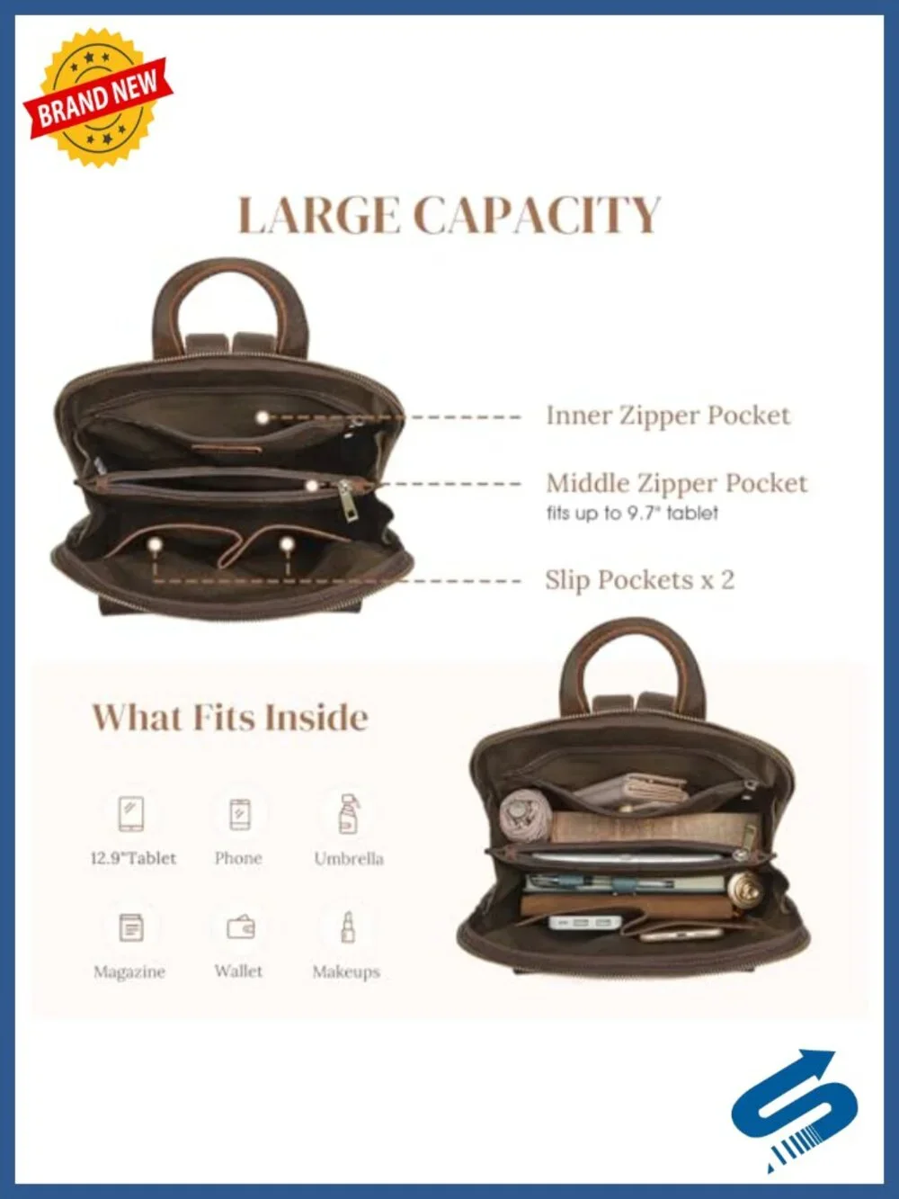 Small Leather Backpack Purse with Luggage Sleeve Daypack, Top Grain Leather,